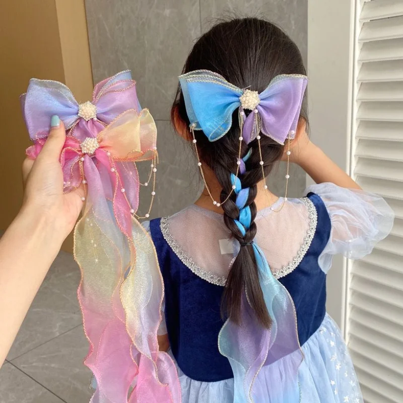 

Girls Ribbon Bowknot Barrettes Pearls Tassel Hairpin Children's Headdress Princess Braided Hair Clip Hair Accessories