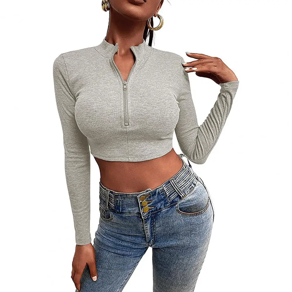 

Stand Collar Long Sleeve Solid Color Zipper Half Placket Knitted T-shirt Women Sexy Ribbed Navel Exposed Cropped Tops Streetwear