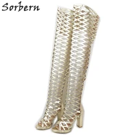 sorbern light gold shiny boots mesh cross block heel long summer boot chunky heeled thigh high female boot custom colors