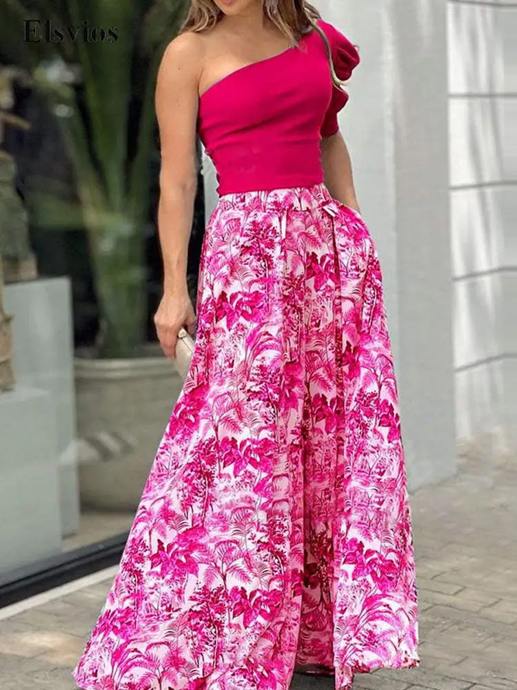

Women Fashion Print High Waist Trousers Outfit Office Lady 2 Piece Suit Sexy Off Shoulder Slim Tops And Wide Leg Loose Pants Set