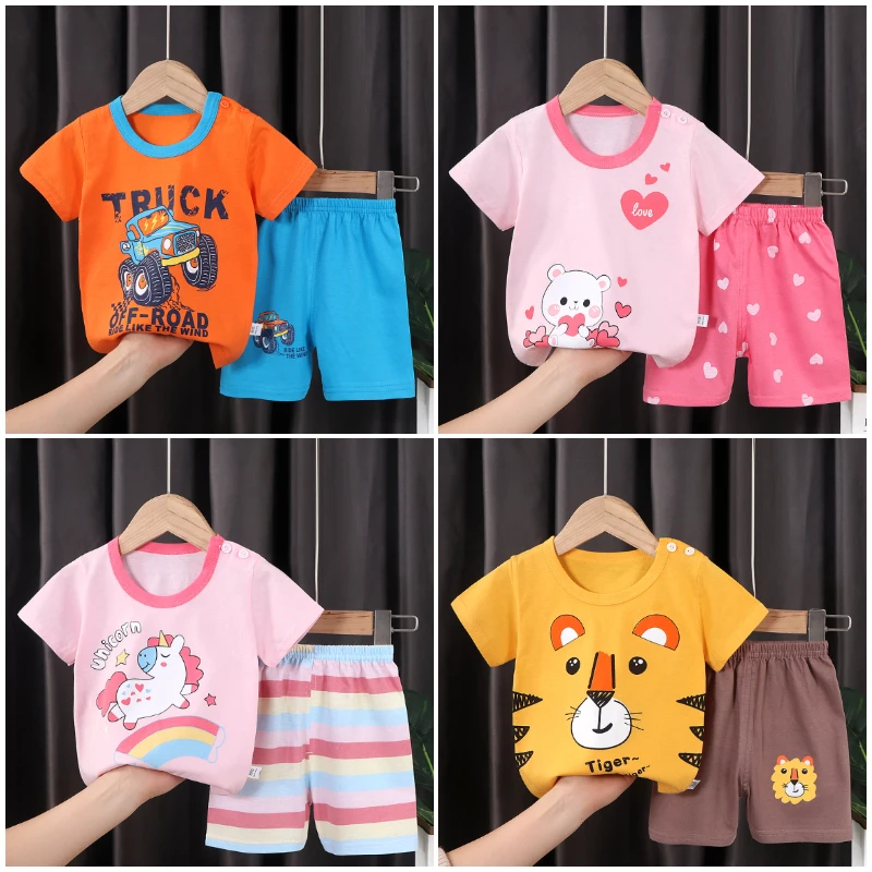 

Cartoon Short Sleeve T-shirt Set for Kids Cotton Summer Shorts T Shirts Suit for Toddler Boy Tracksuit Toddler Girl Clothes Sets