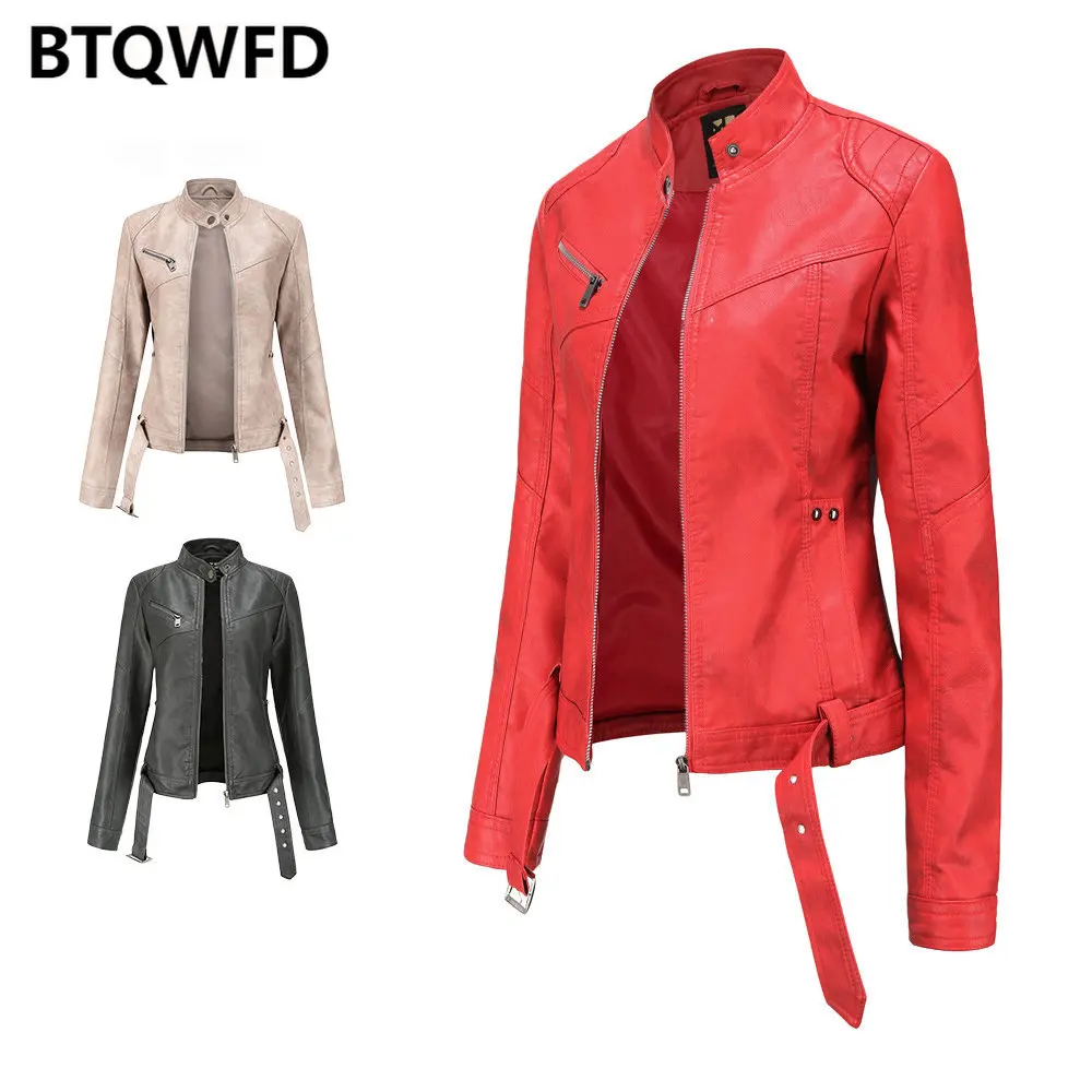 Enlarge Stand Collar Motor Biker Tops Female Jackets Women's Winter Coats With Pocket Belt 2022 New Fashion Long Sleeve Leather Clothing