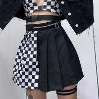 high gothic waist women pleated mini skirt patchwork checkerboard a line skirts female party outfits harajuku punk streetwea