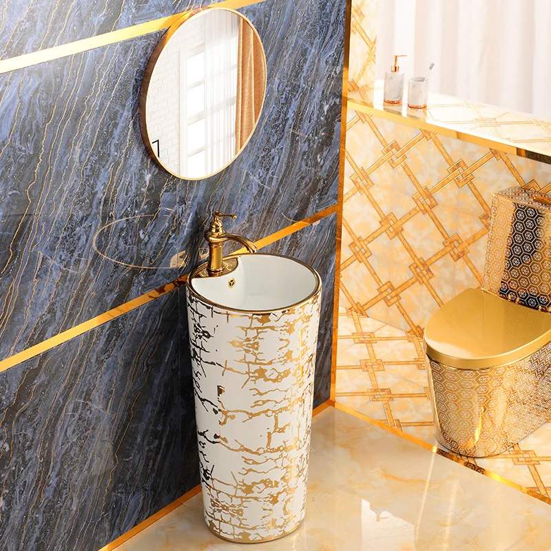 

Internet Celebrity Pedestal Basin Integrated Floor-Type Small Apartment round Color Art Local Luxury Gold Wash Basin Light