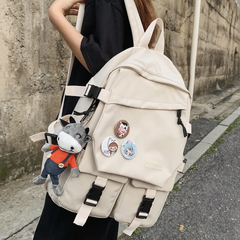 

Lovely Nylon Solid Color Backpack Women Waterproof Buckle Student School Bags for Teenage Girl Cute Travel Rucksack