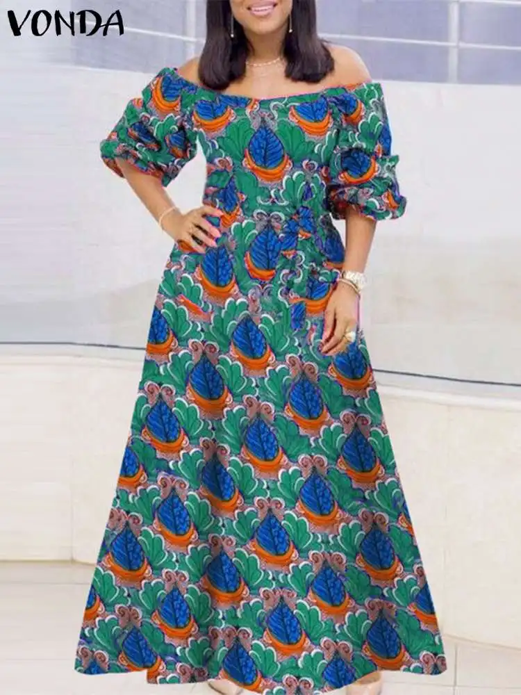 

Summer Off Shoulder Dress Bohemian Maxi Long Dress 2023 Fashion Women Vintage Printed Party Sundress Half Sleeve Beach Vestidos