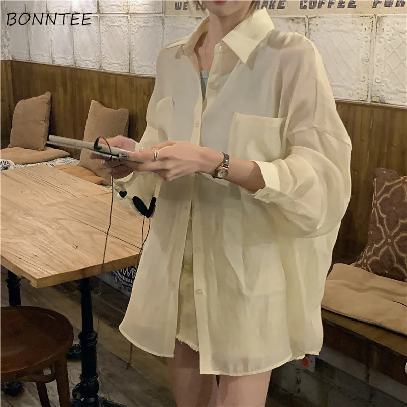 

Summer Shirts Women Sun-proof Thin Feminine Ulzzang Baggy Trendy Pure Color Holiday Student Casual Mujer Blusas Ins Popular Tops