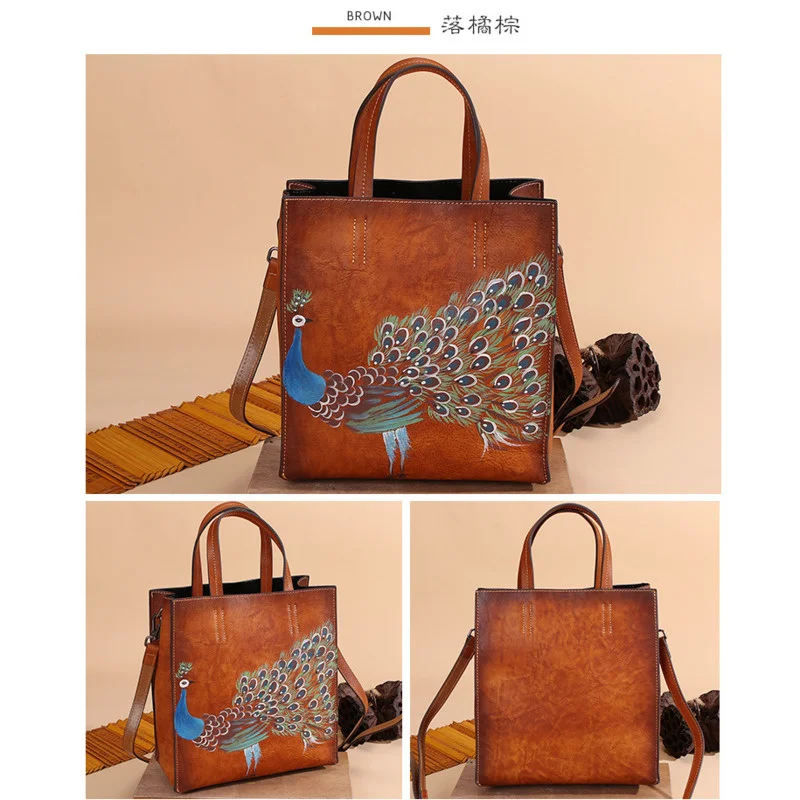 

Vintage Women Shoulder Designer Bags Luxury For Ladies Handbags Genuine Leather Handmade Painted Peacock Prints 2023 New