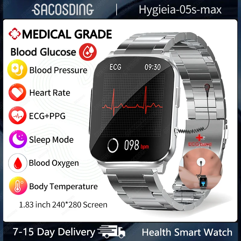 

2023 New Non-invasive Blood Glucose ECG+PTT Smart Watch Men 1.83" Screen Blood Pressure Oxygen Body Temperature Smartwatch