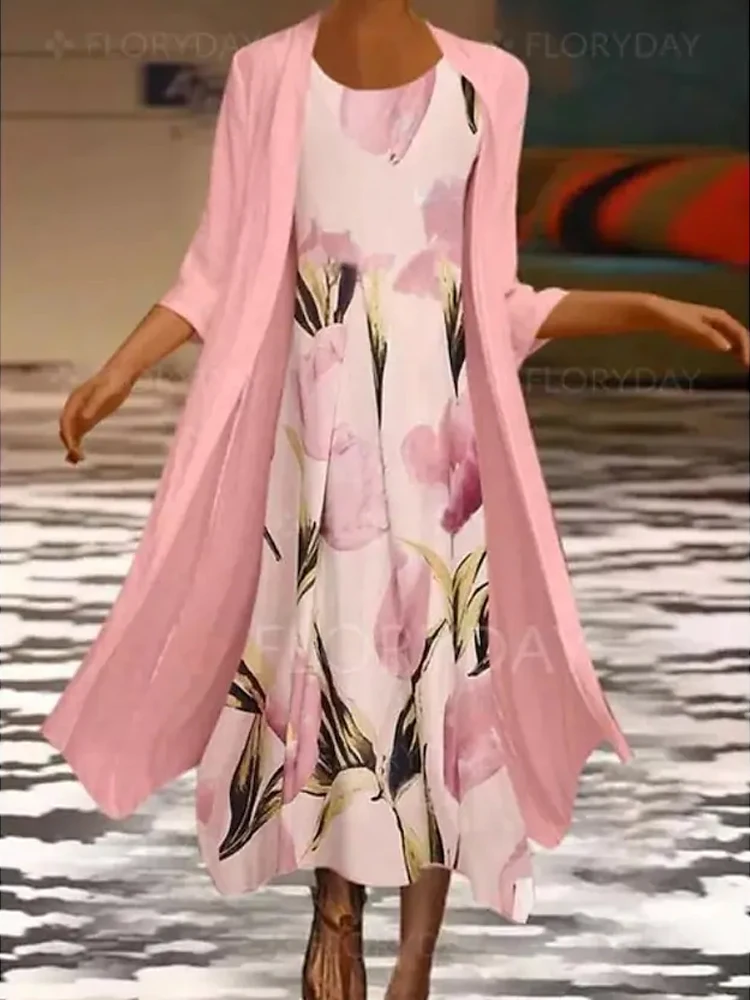 

Women 2 Piece Set Casual Long Cardigan 3/4 Sleeve Solid Tops And Floral Printed Round Neck Pleated Dress Retro Lady Home Suit