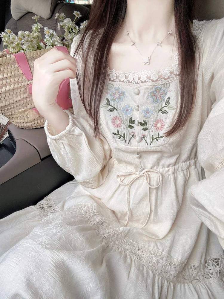 

Print Embroidery Vintage Dress Women Lace France Elegant Evening Party Midi Dress Bubble Sleeve Princess Cottagecore Dress 2024