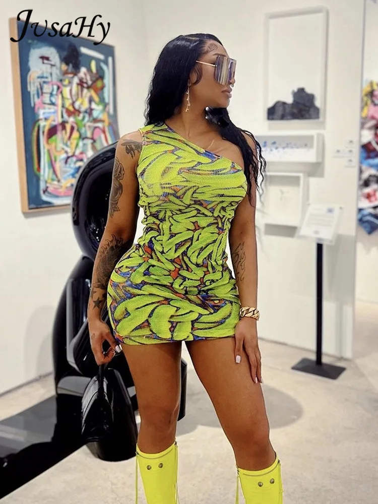 JusaHy Women New Y2K Bright Green Printed Slant Shoulder Sexy&High Street Office Lady Hip Dress Sleeveless Slim Chic Dress