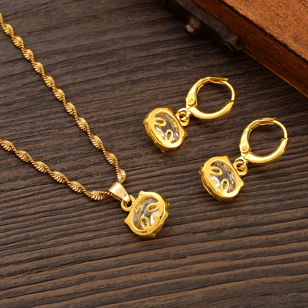 

Round shaped Gold Plated Africa White CZ Cute Necklace pendant Earrings wedding Birthday Party Jewelry Sets For Women Girl Gift