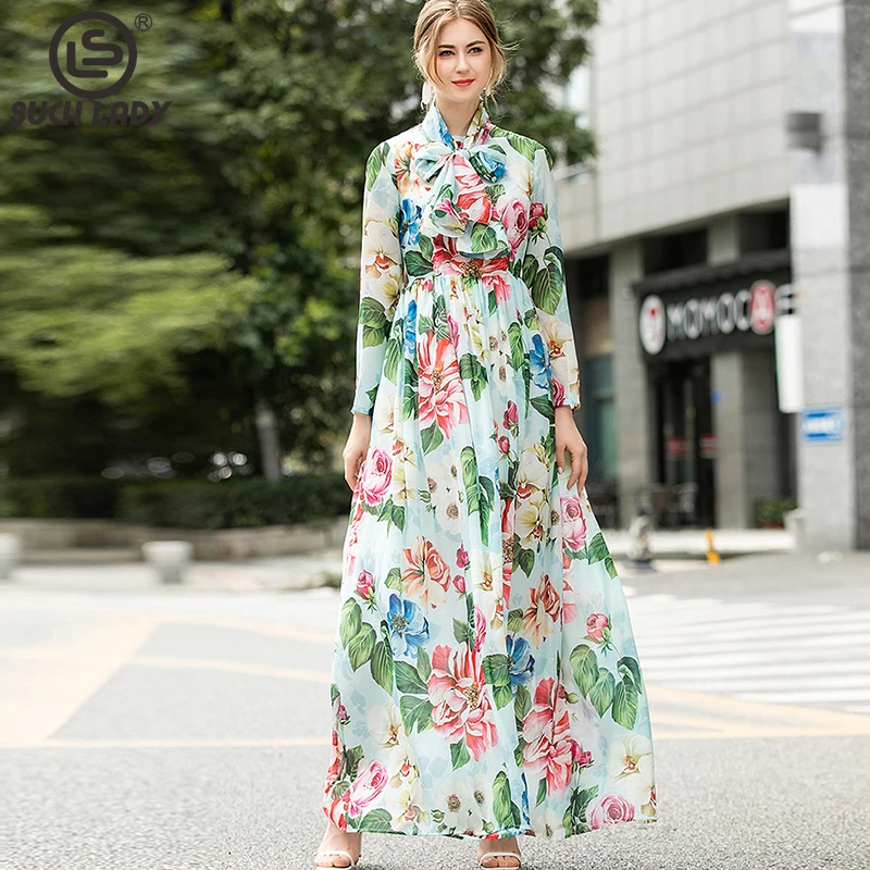 Women's Dress O Neck Long Sleeves Printed Elegant Maxi Fashion Designer Dresses Vestidos