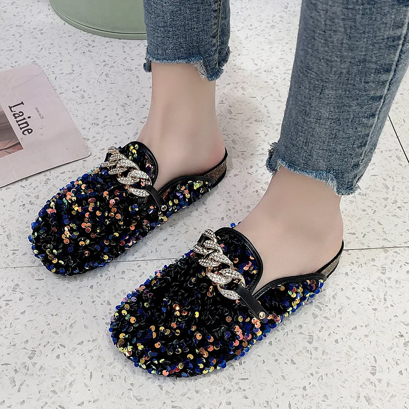 

Multicolored Sequin Mule Slippers Women's Rhinestone Metal Chain Thick Bottom Shoes 2022 Summer Ladies Fashion Sandal Large Size