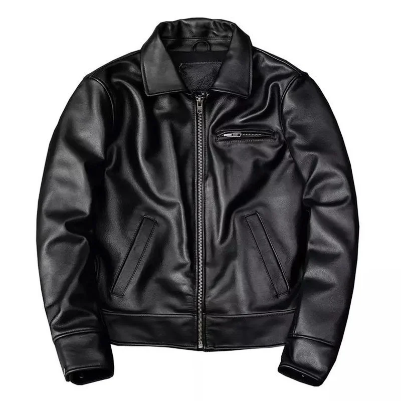 

Мужская кожаная куртка на молнии, Классическая приталенная мотоциклетная куртка из натуральной телячьей шкуры, весна-осень 2022