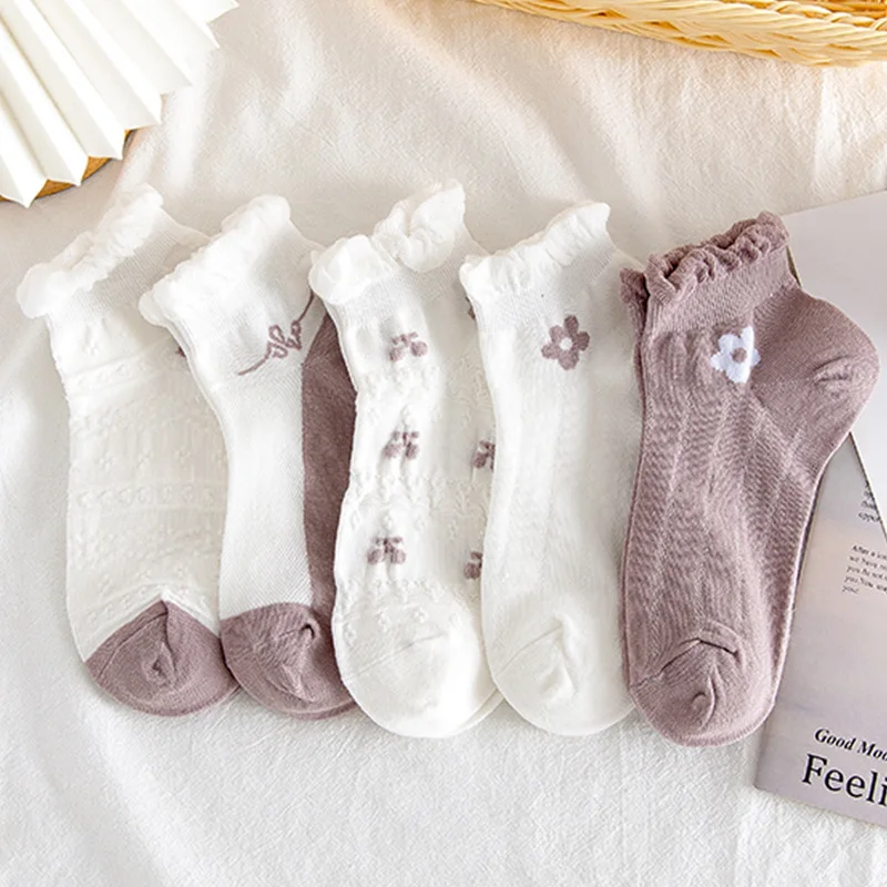5Pairs Lot Women Cute Lace Flower Boat Socks Chaussette Cotton Ankle No Show Short Sock Breathable Spring Summer Calcetines