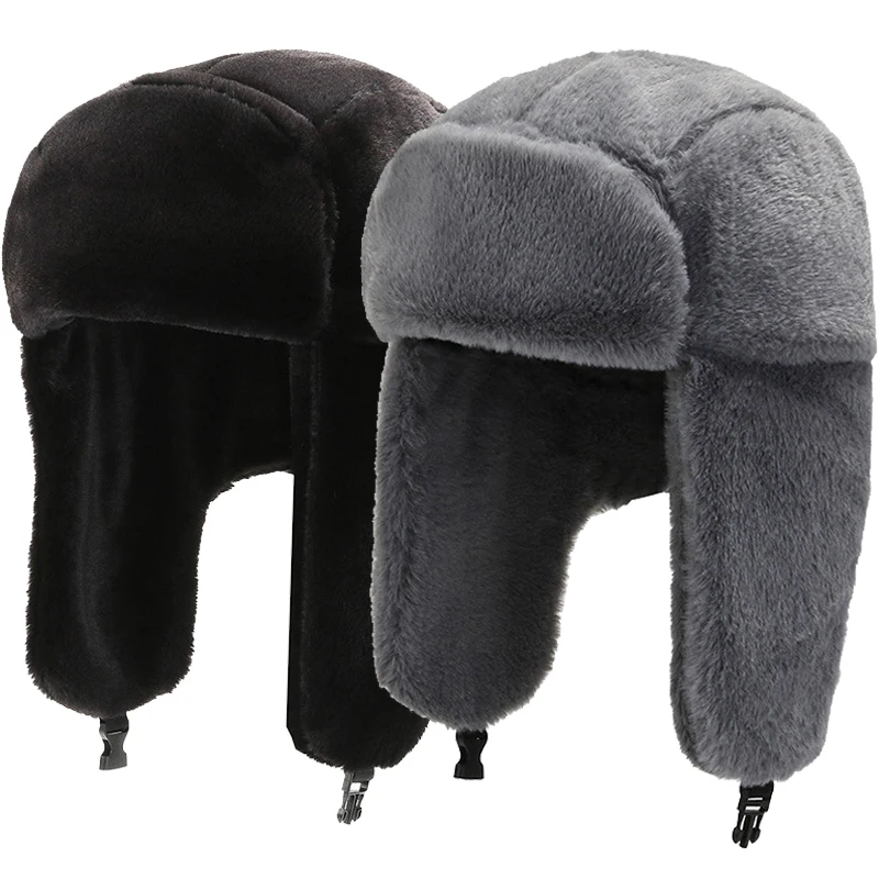 Fashion Winter Hats Men and Women Faux Fur Bomber Hat Thicken Plush Warmer Caps Outdoor Windproof Ear Protection Ski Cap Earmuff