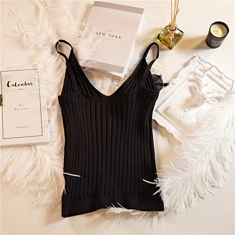 

Cotton Women Tops Solid Color V-neck Female Knitted Short Slim Sleeveless Vest Tank Casual Versatile Tops Bottoming Shirt