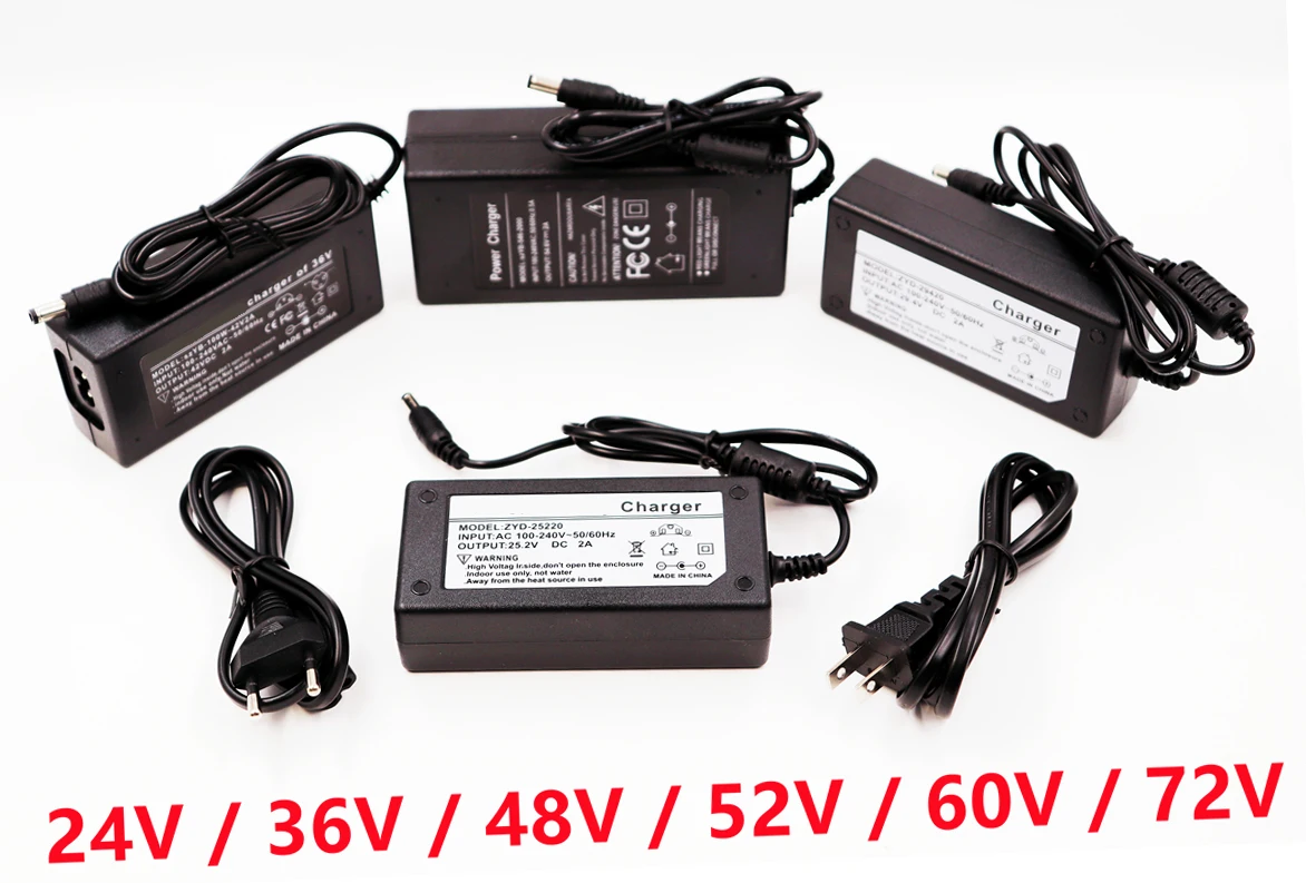 

24V 36V 48V 52V 60V 72V Rechargeable Lithium ion Battery pack Charger 100~240V AC, used for Electric bicycle lithium Batteries