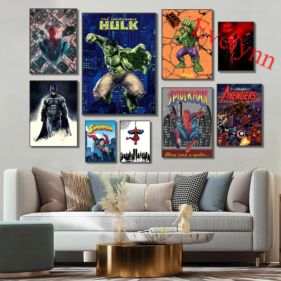 

Marvel Avengers Spiderman Wolverine Batman Iron Man The Hulk Captain America Superhero Pop Prints Posters Home Decor Painting