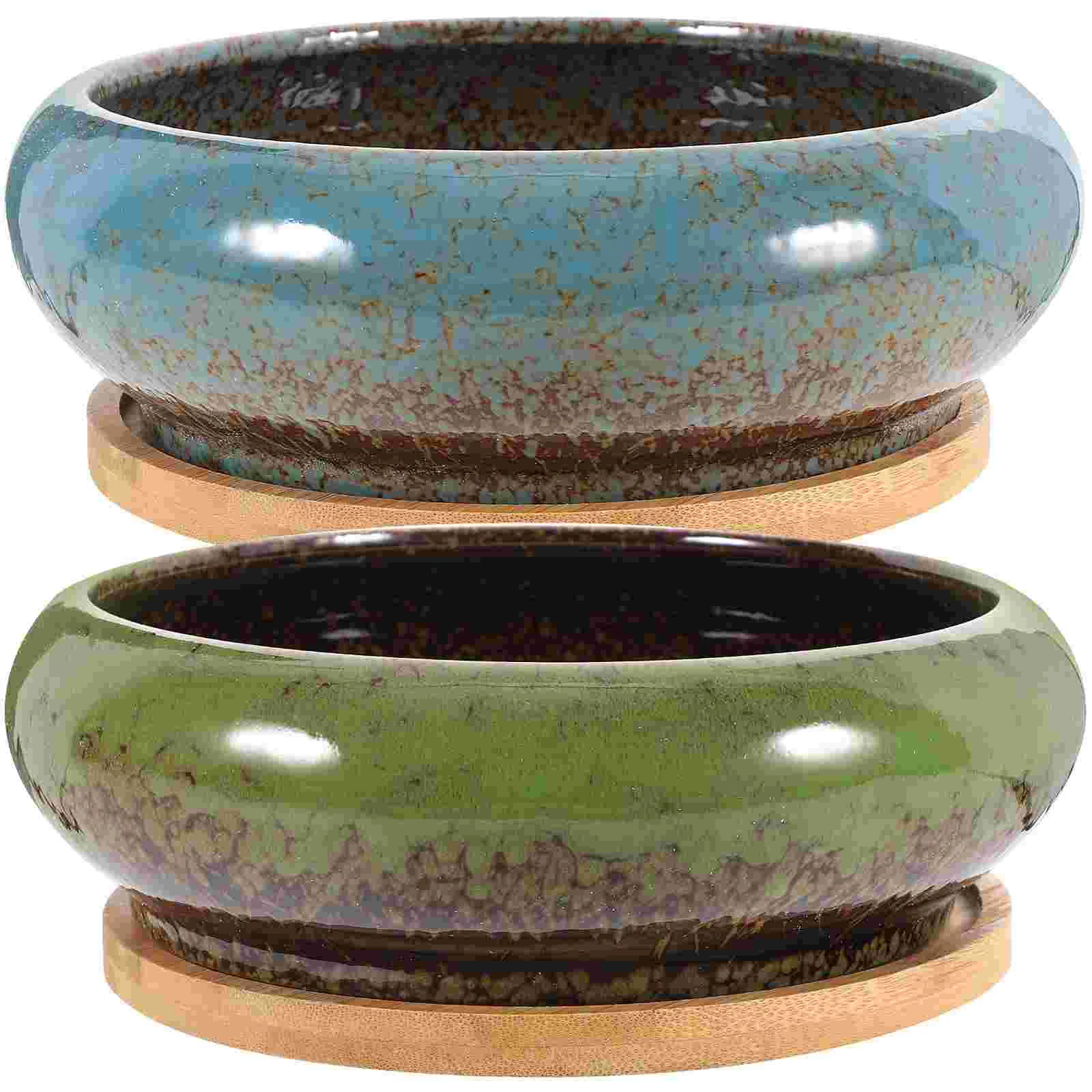 

2 Sets Pot Nursery Planter Gardening Ceramic Plants Pot Garden Flower Pot with Tray Bonsai Pot