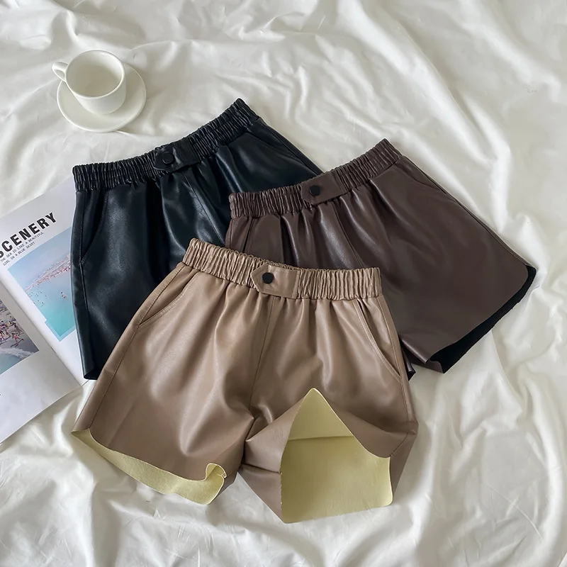

Pu Leather Shorts Women's Elastic High Waist Boots Pants A-Line Wide Leg Casual Shorts Fashion Trend All-Match Bottoms 2022 New