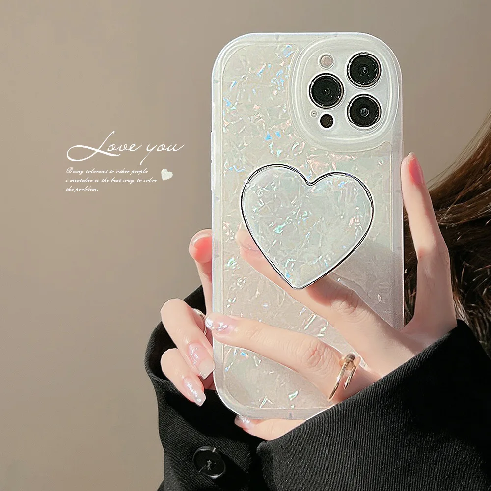 Trinket Shell Round Phone Case Cute Love 3D Heart Stand Holder Capa for Iphone14 13 Mini Xsmax X Xr 8 7 Plus 12 11 Pro Max