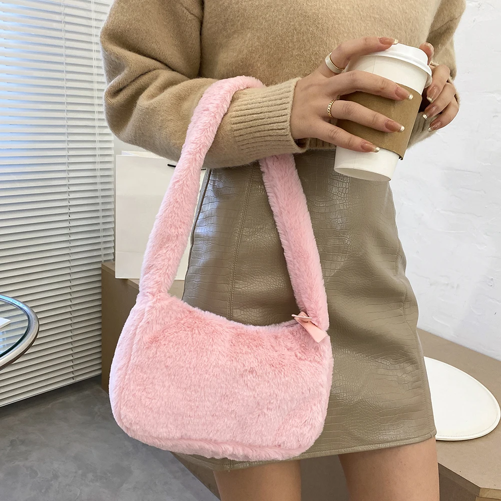 

Women Solid Color Top-handle Bag Vintage Plush Handbags Street Underarm Purses Fashion Exquisite Shopping Bag