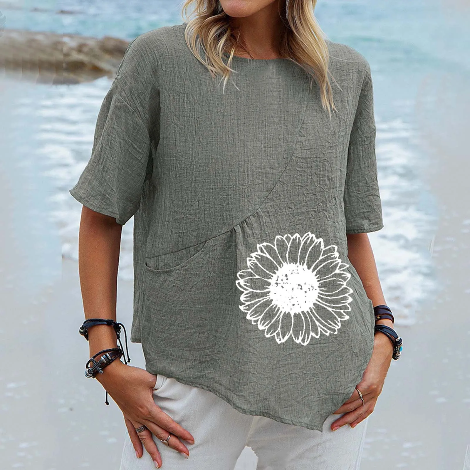 

Women Blouses Crew Neck Shirts Floral Print Short Sleeve Cotton Linen Tee Blouse Summer Loose Fit Casual Irregular Hem Tops 4
