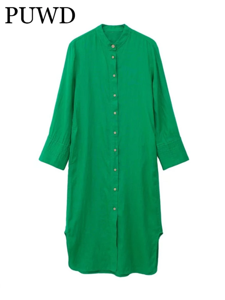 

Платье PUWD женское с V-образным вырезом и длинным рукавом, весна 2022, модное женское повседневное прямое льняное платье-кафтан, зеленое платье,...