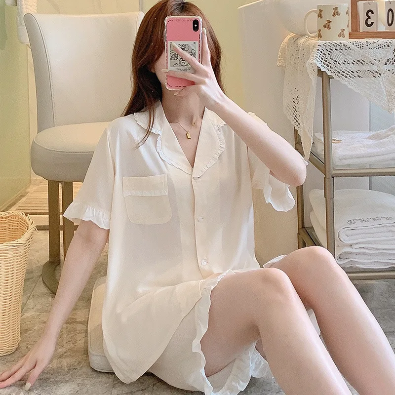 Summer Thin Loose Sleepwear Attractive Women's Nightwear Clothing Short Sleeve Turn-down Collar Pajamas Set Big Size Loungewear