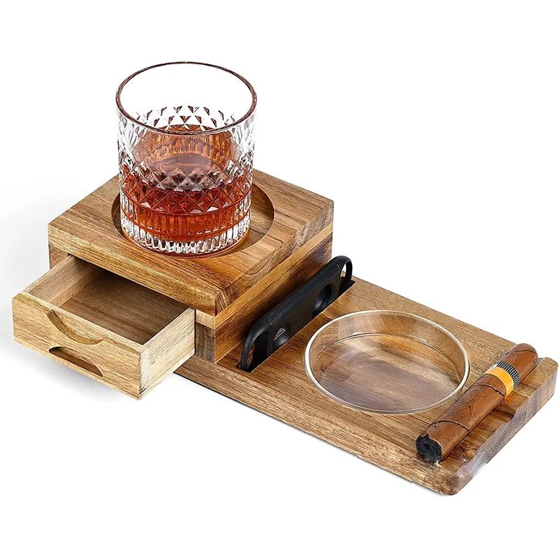 

Пепельницы для сигар, стеклянный поднос для виски и деревянный поднос для пепельницы, съемная модель для сигарет, с резаком для сигар, отличный Декор