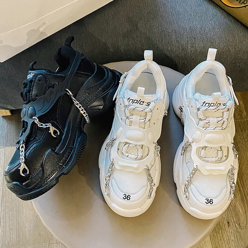 

2022 Spring Women's Vulcanized Shoes Lace Up Platform Comfortable Women Chunky Sneakers Fashion Leather Metal Chain Dad Shoes