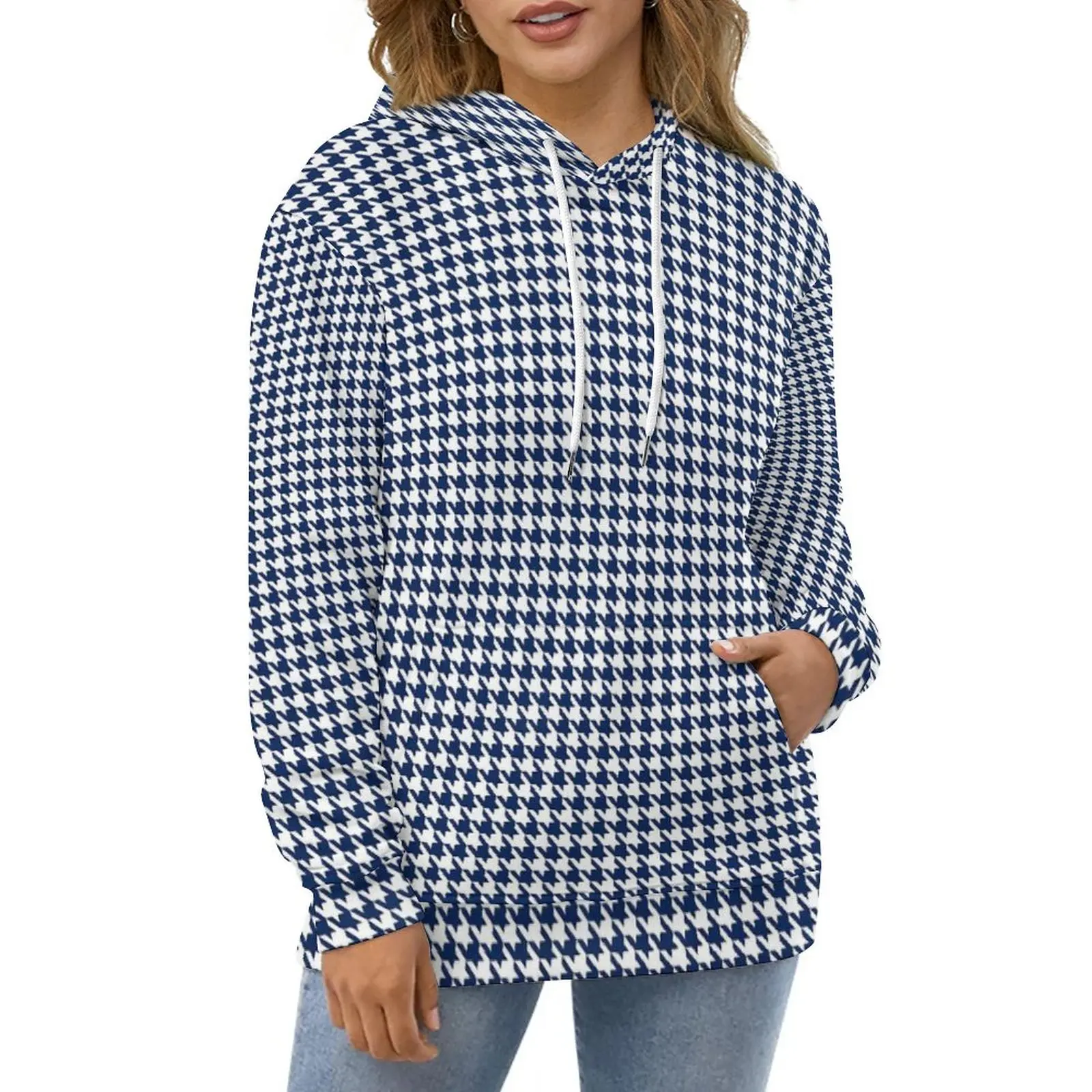 

Houndstooth Hoodies Navy Blue White Hip Hop Casual Pullover Hoodie Long Sleeve Aesthetic Pattern Sweatshirts Large Size