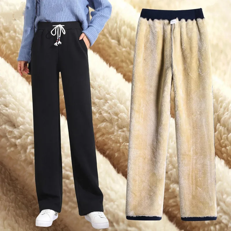 2022 Autumn Winter New Korean Fashion Plus Velvet Thickened Wide Leg Pants Women High Waist Straight Warm Loose Trousers