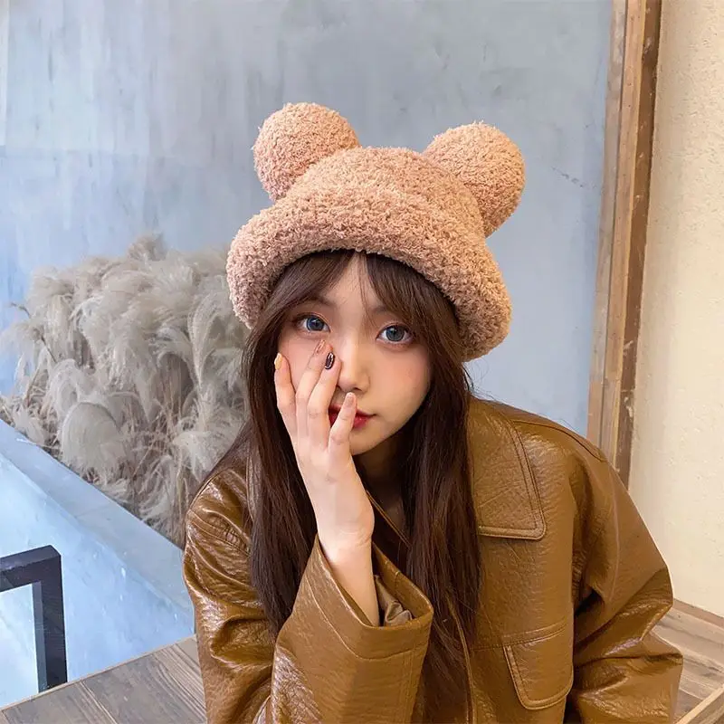 

Trendy Solid Bonnet Plush Hat Women Autumn Winter Cute Bear Ears Hat Fashion Warm Hats Unisex Casual Bonnets Adult Hip Hop Hat