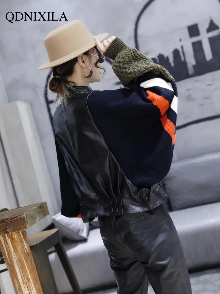 Leather Jacket Women Cardigan Knit Wool Sleeves Ethnic Style New Outerwear Fashion Button Design Women Imitation Sheepskin Coat