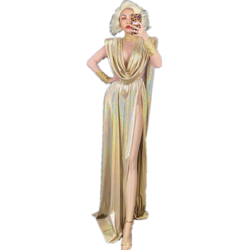 

Sequin Dress Sexy High Split Rhinestones Evening Party Birthday Outfits For Women Gold Backless Performance Stage Costumes