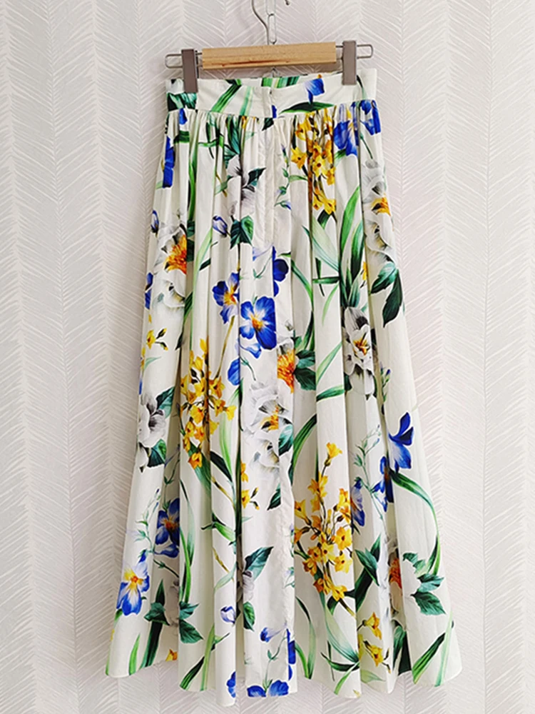 100% Cotton  Fabric Bohemian Women  Skirt  Fashion Colorful Flowers Printed High Waist Sicilian Long Skirts