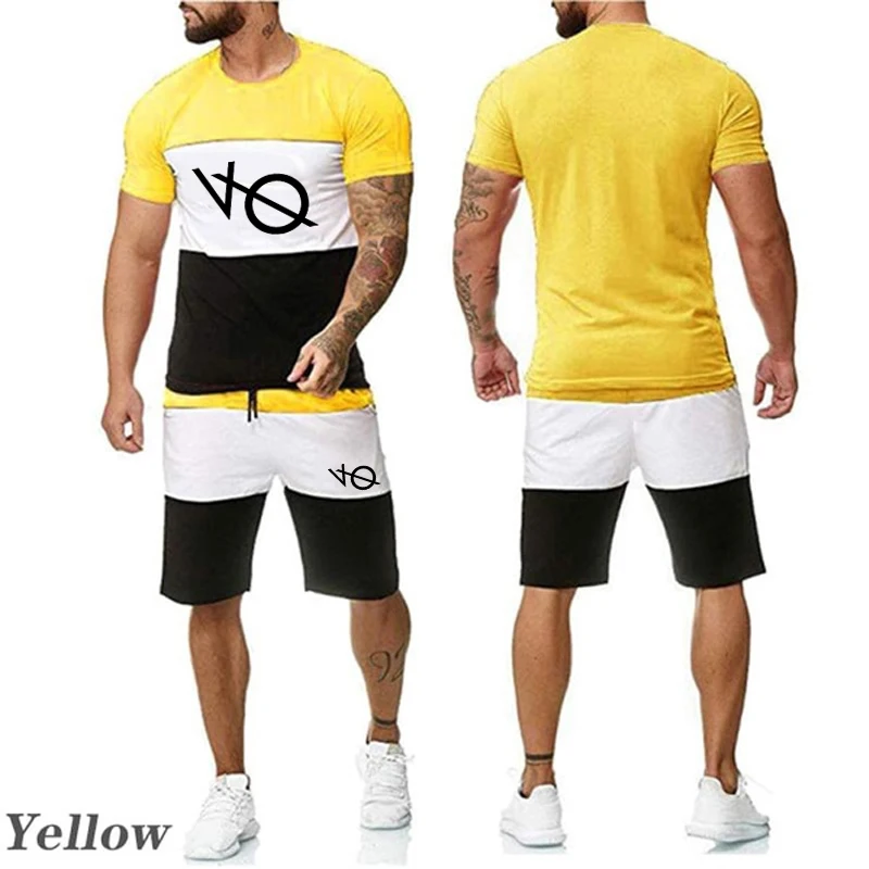 Summer Men's Short-sleeved Sports Suit Solid Color Short-sleeved Two-piece Casual Athletic Suit Striped 2 Piece Set