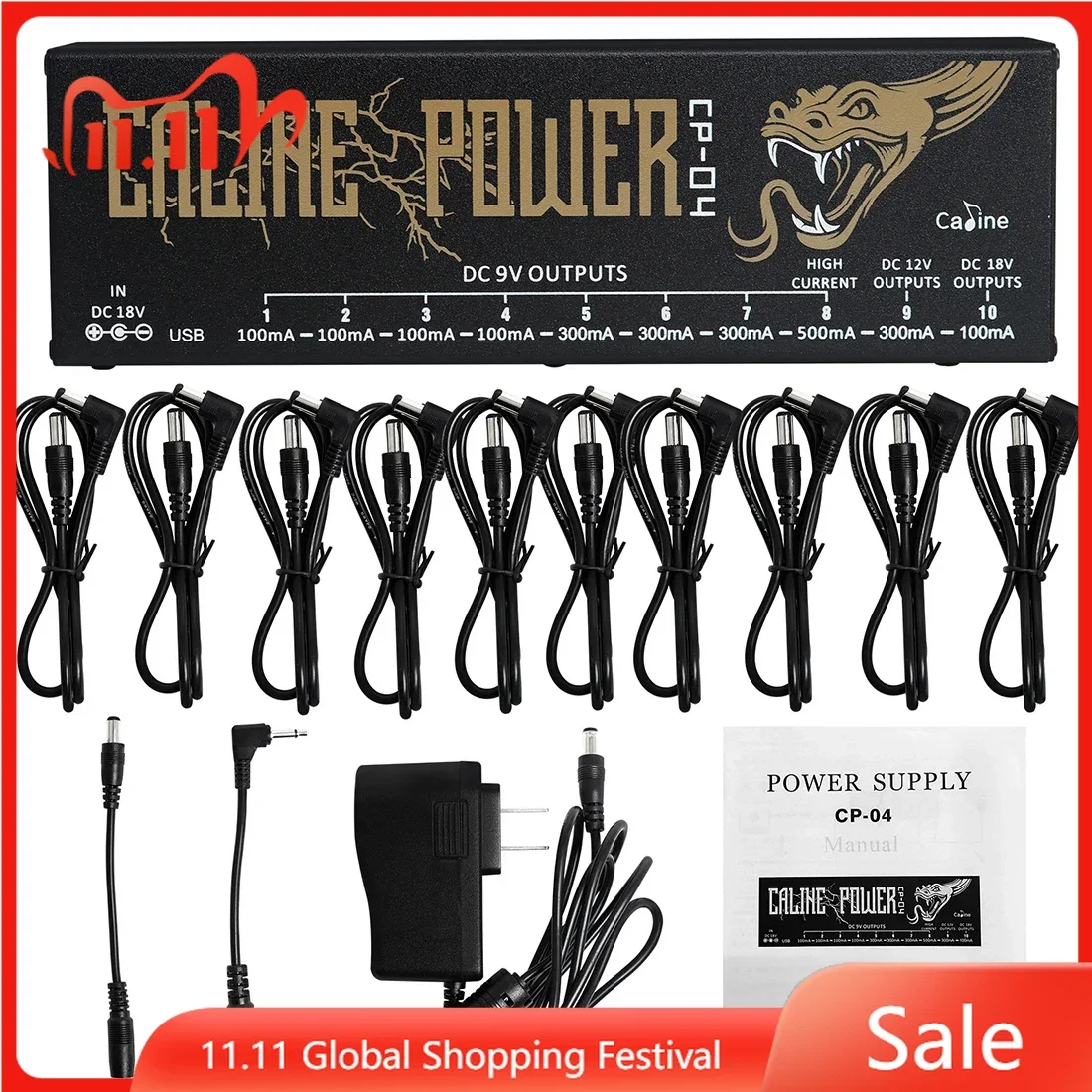 

Caline CP-04 Электропитание педали для гитары, 10 изолированных выходов, 9 В/12 В/18 в, защита от короткого замыкания/перегрузки по току с адаптером