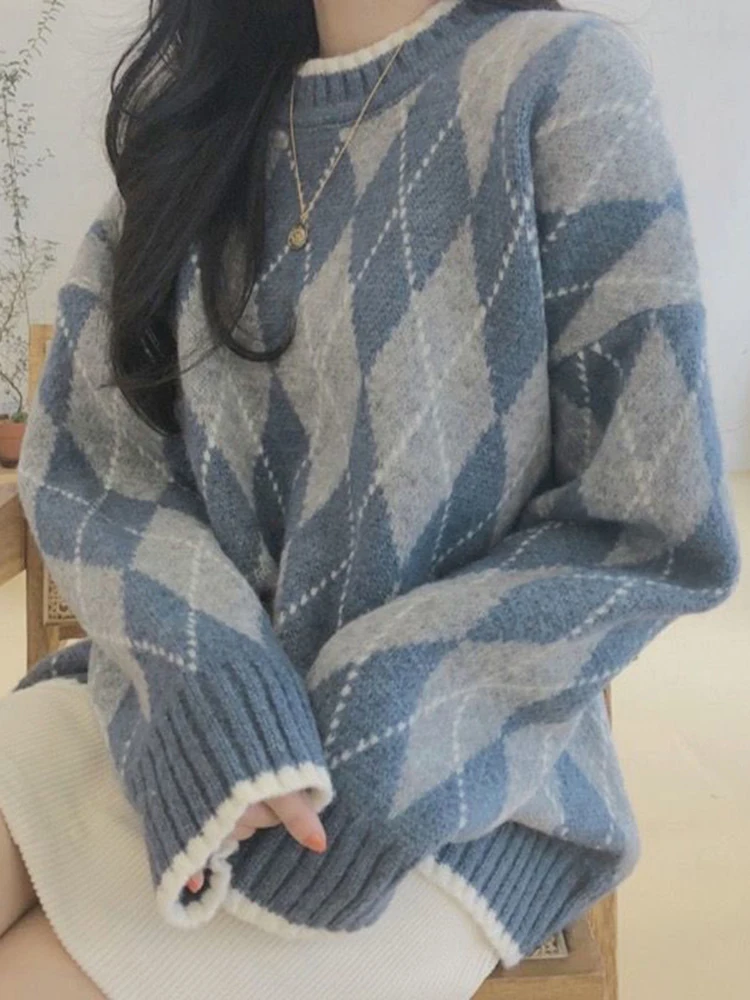 

JMPRS Argyle Women Sweater Fashion Pullover Knitted Casual O Neck Jumper Thick Winter Soft Student Cute Sweater Tops New