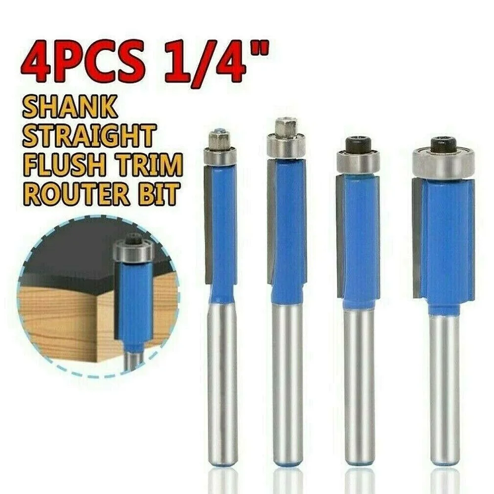 

4pcs 1/4 Shank Straight Edge Trimming Router Bit Flush Trim Router Bit Set TCT Trimmer Cutting Milling Cutter For Woodworking