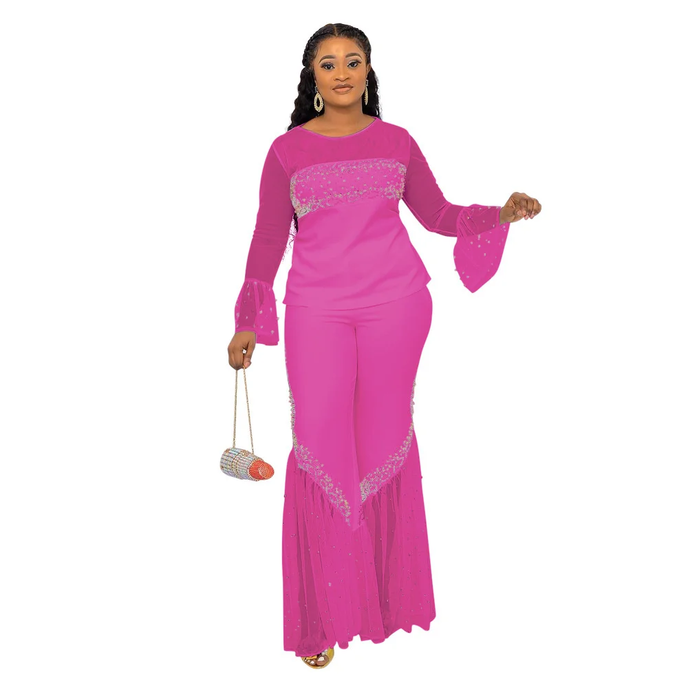 

Cutubly Long Sleeve Top With Loose Wide Leg Pants 2 Piece Set For Women Beading Outfit Pant Sets Two Pieces O-neck Mesh Casual