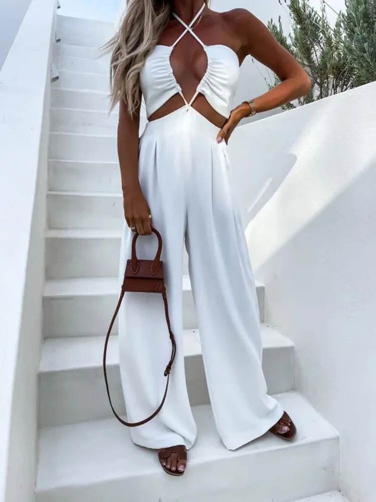 

2022 Female Sleeveless Cross Halter Solid Beach Overalls Fashion Waist Long Pants Romper Women Chest Wrap Hollow Sexy Jumpsuit