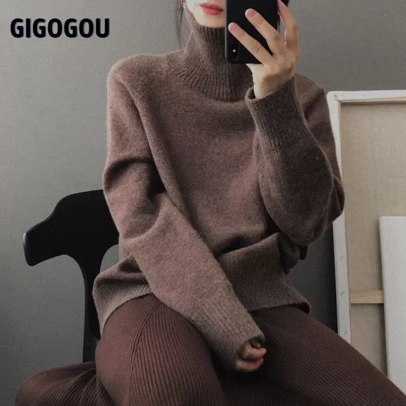 

GIGOGOU Autumn Winter Women Turtleneck Sweater Oversize Warm Pullovers Sweater Long Sleeve Cashmere Loose Jumper