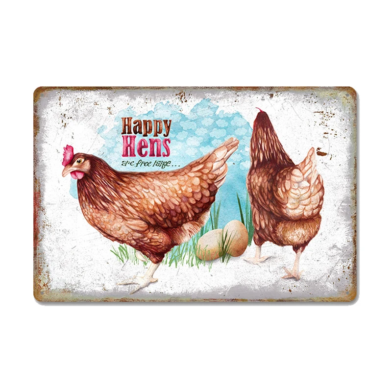 

Chickens Tin Signs Metal Vintage Poster Rooster Hens Eggs Retro Plaque Wall Stickers Painting for Farm Door Home Decor