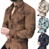 men shirt cardigan slim buttons lightweight printing soft turn down collar leaf print single breasted fall tops daily clothes