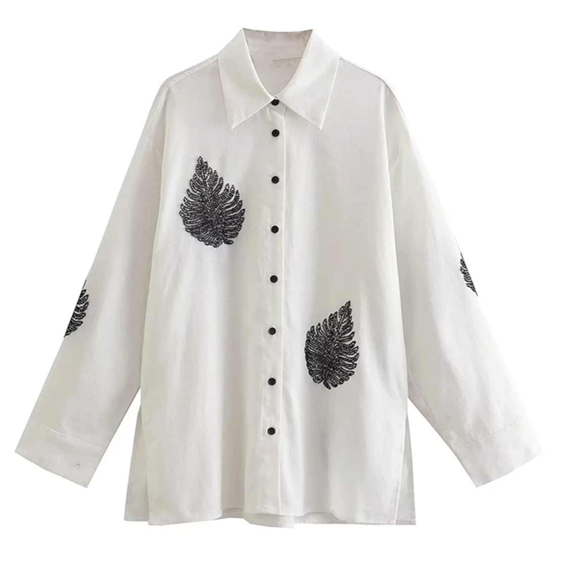 

Jenny&Dave Indie Folk Leaf Beading Shirt Boyfriend Fashion Linen Casual Blouse Women Tops
